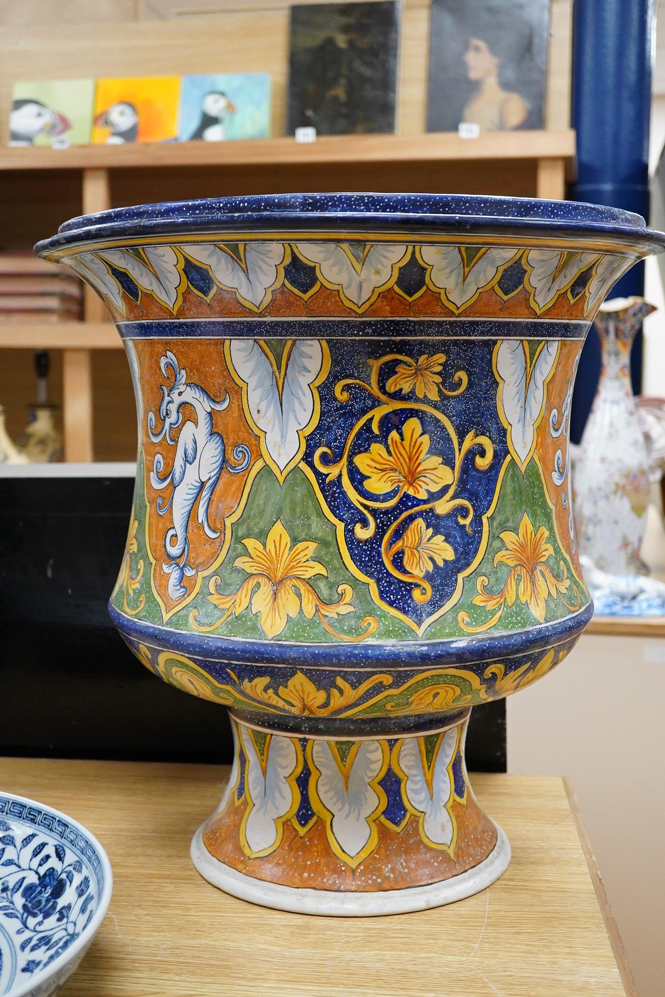 A large ornamental Nevers faience pedestal jardiniere, 50cm high